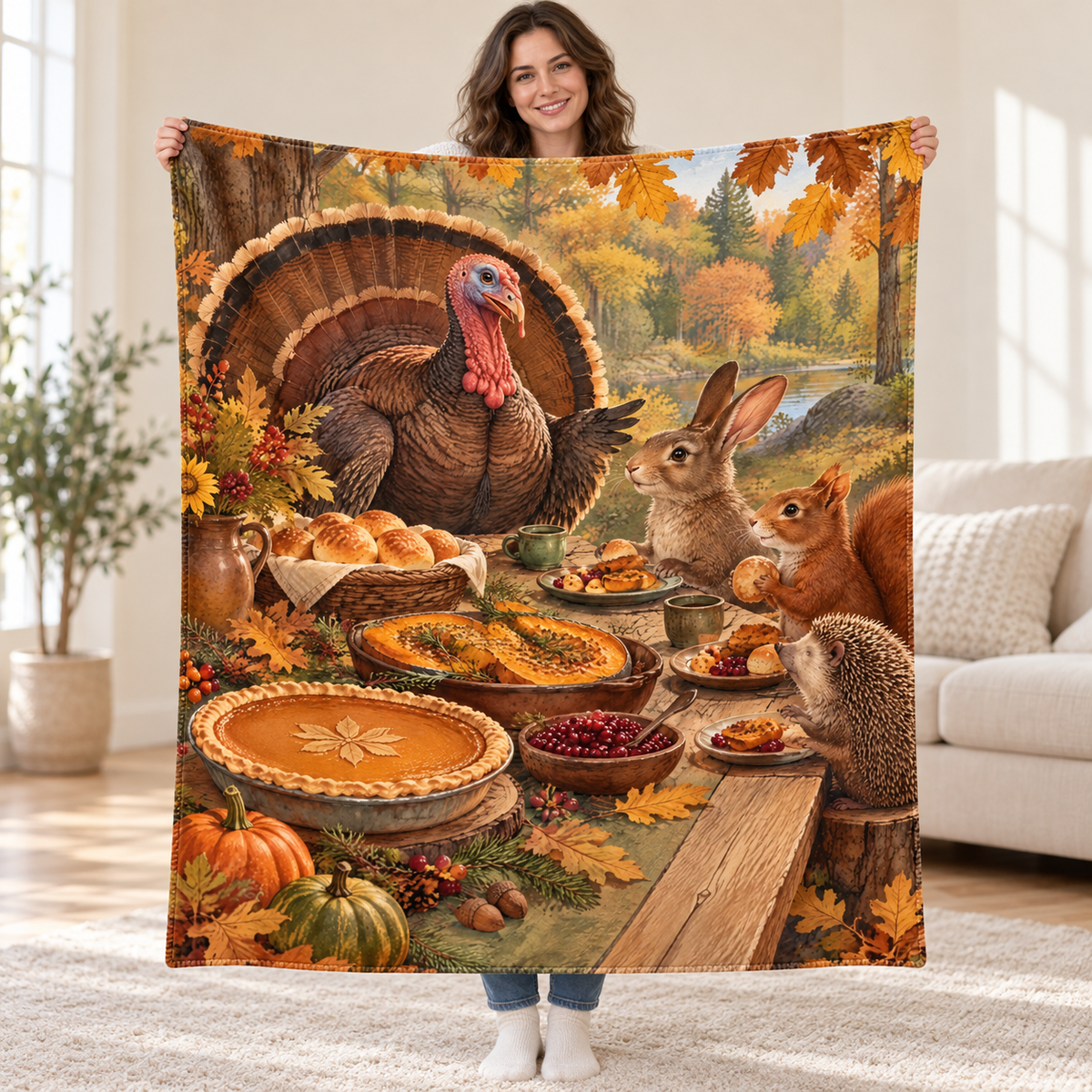 Forest Table Feast blanket, held open