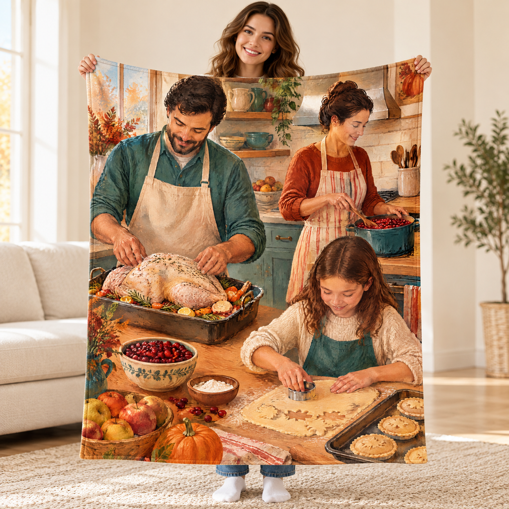 Kitchen Collaboration blanket, held open