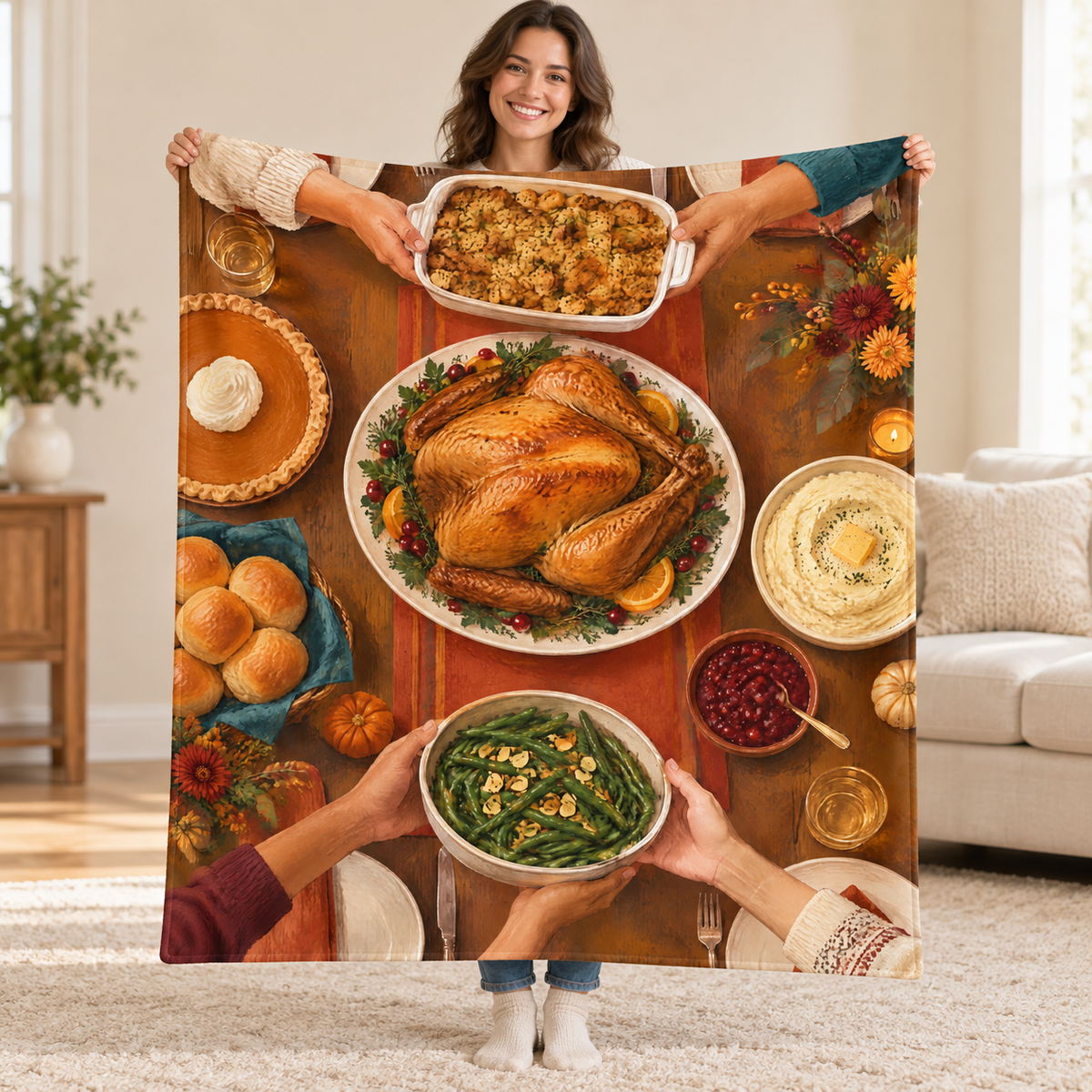 Overhead Family Feast blanket, held open