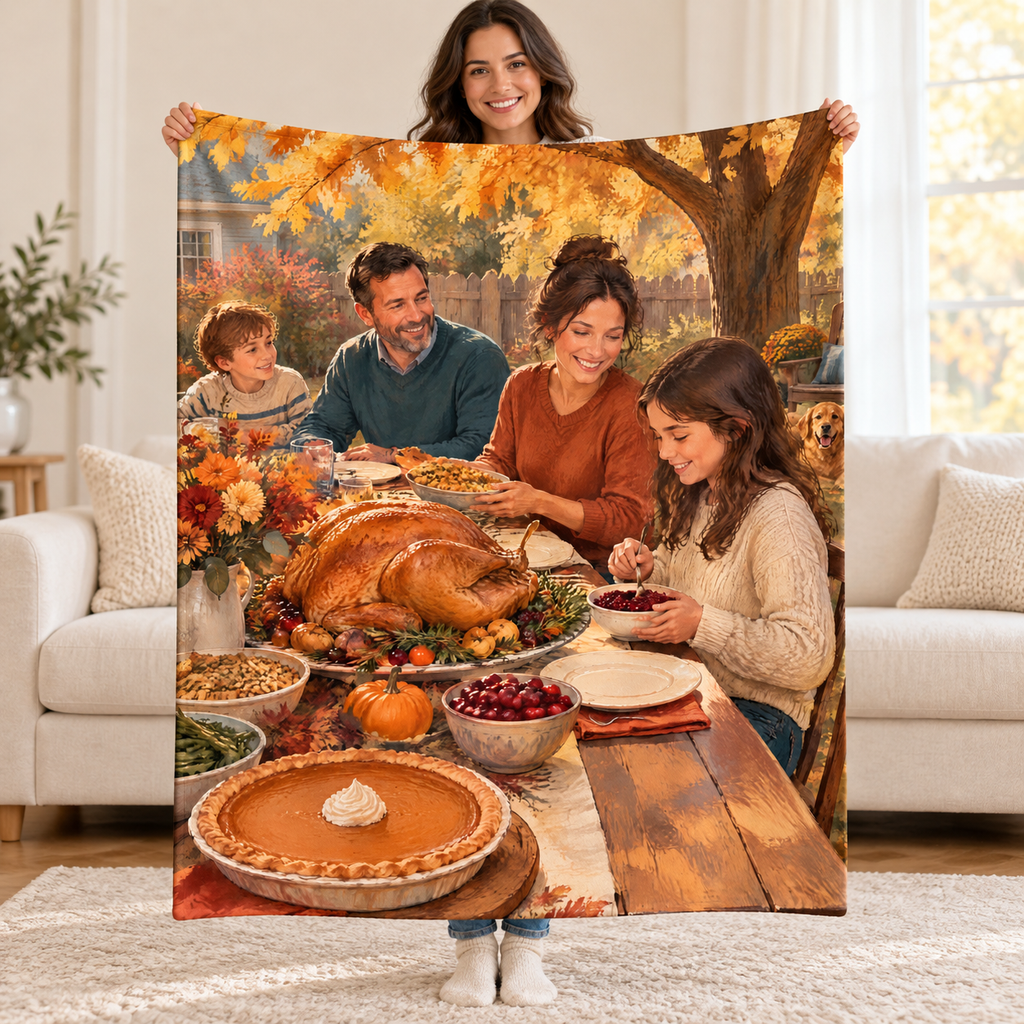 Backyard Golden Tree blanket, held open