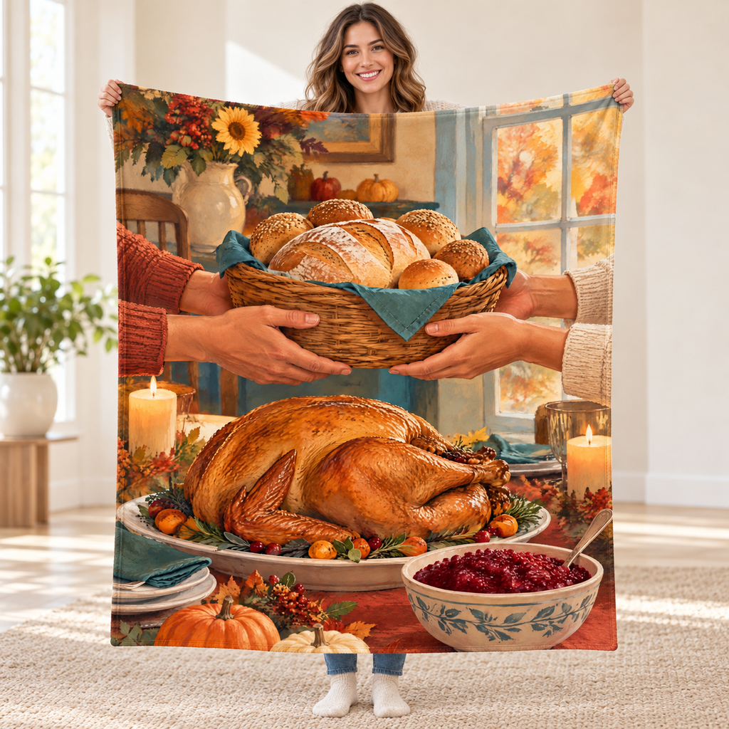 Passing the Bread Basket blanket, held open