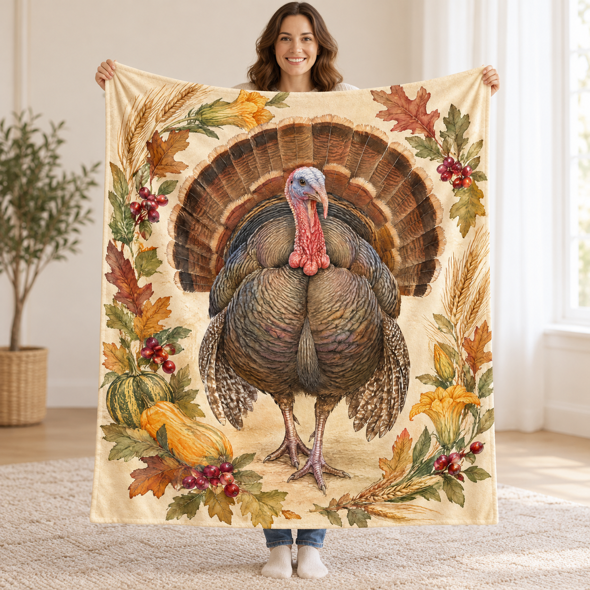 Frontal Turkey Fan blanket, held open