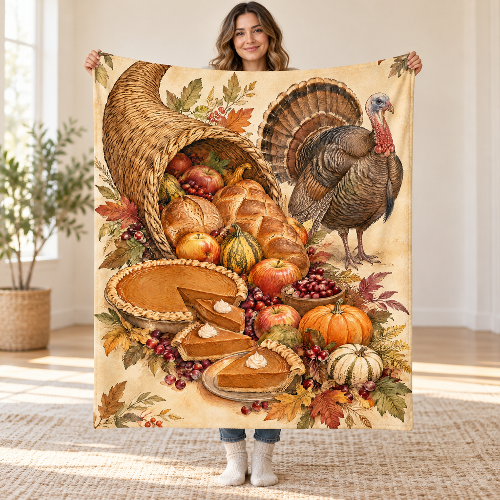 Cascading Cornucopia blanket, held open