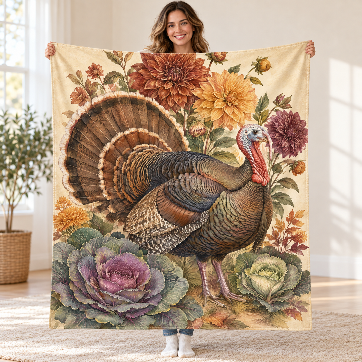 Dahlias and Cabbage blanket, held open