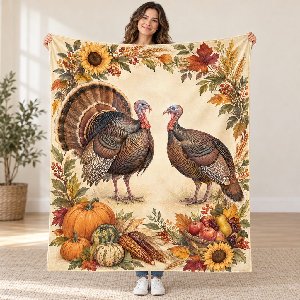 Two Turkeys Facing blanket, held open