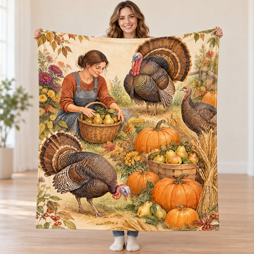 All-Over Turkey Garden blanket, held open