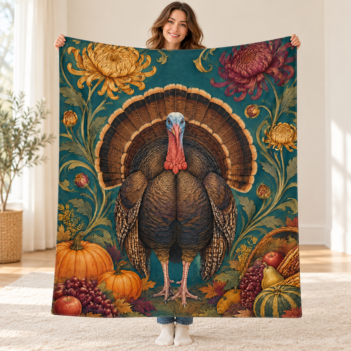 Chrysanthemum Turkey blanket, held open