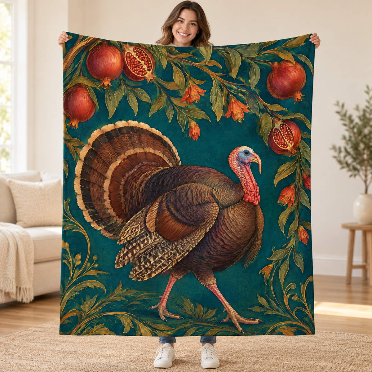 Pomegranate Walk blanket, held open