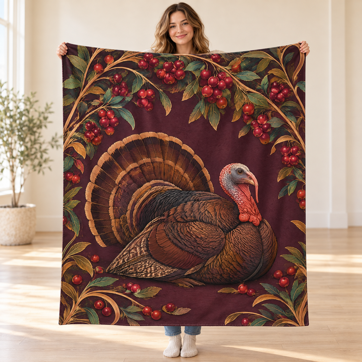 Cranberry Bower blanket, held open