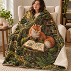 The Fox's Forest Library blanket, wrapped around a reader
