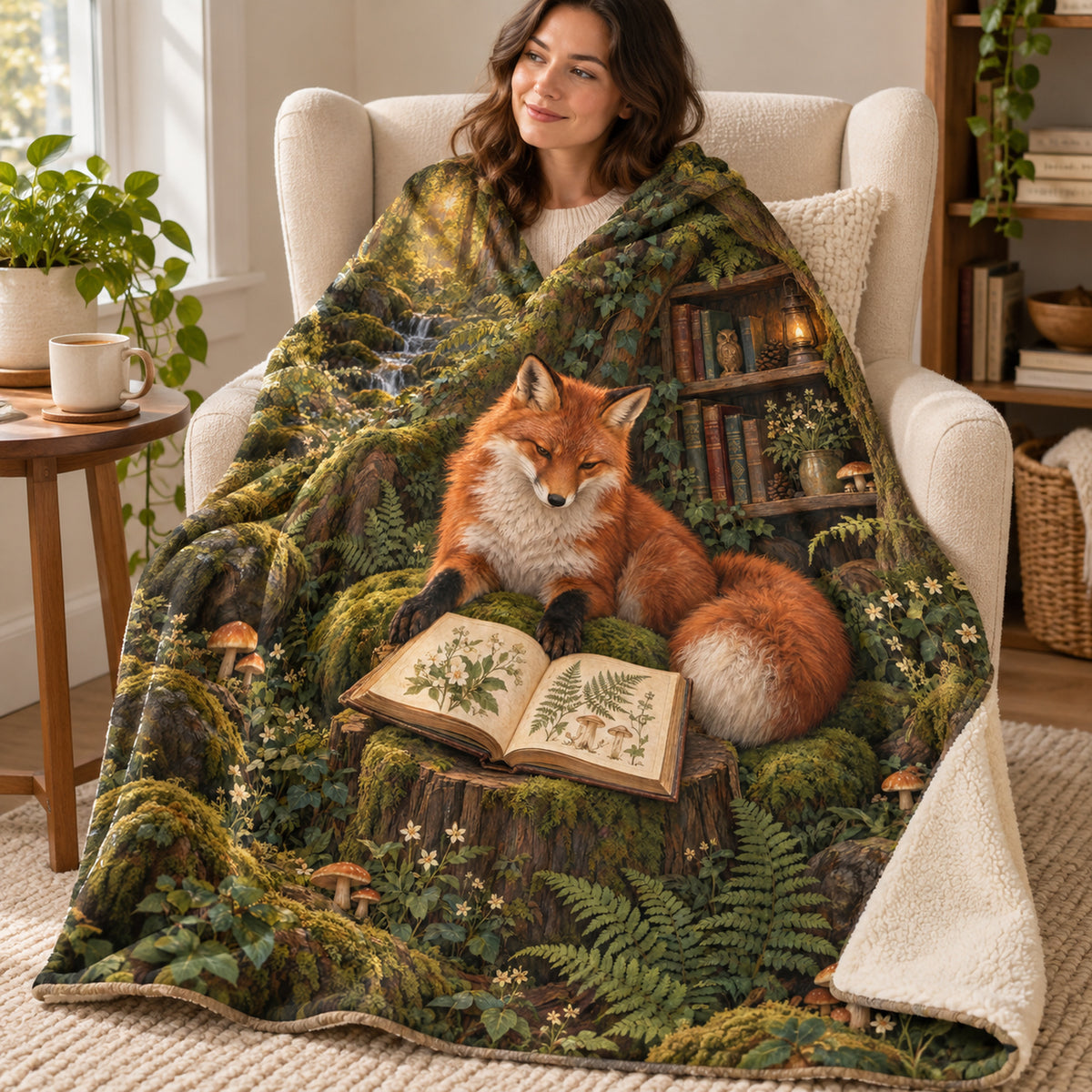 The Fox's Forest Library blanket, wrapped around a reader