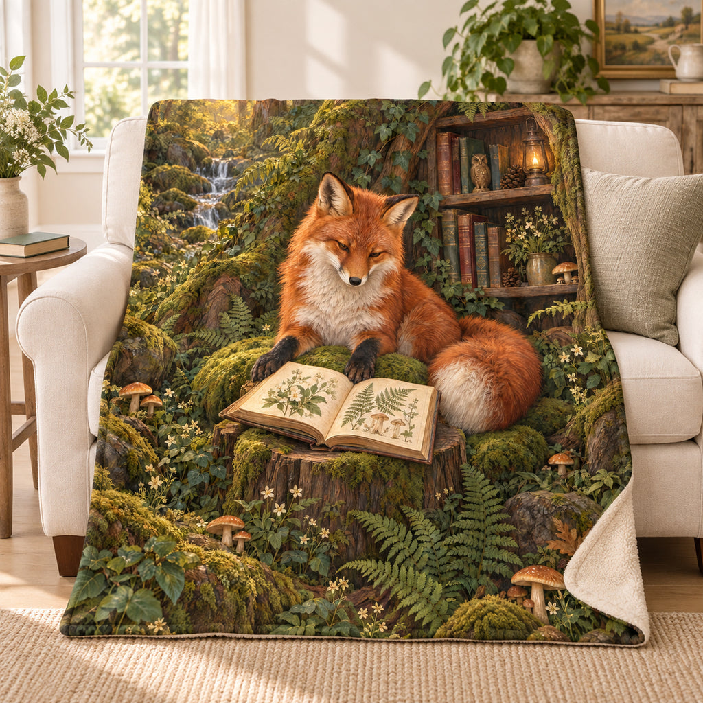 The Fox's Forest Library blanket, on a sofa