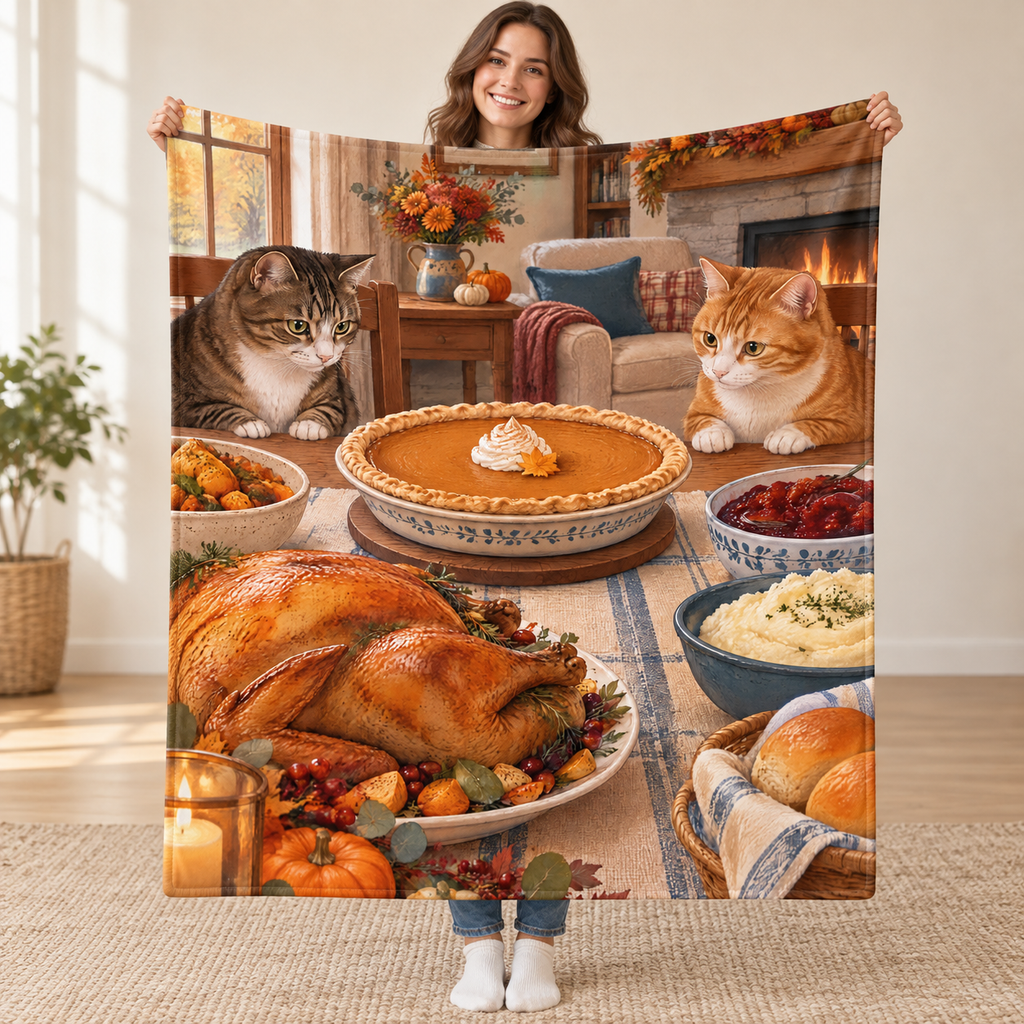 Two Cats, One Pie blanket, held open