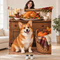 Corgi and Harvest Basket blanket, held open