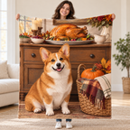 Corgi and Harvest Basket blanket, held open