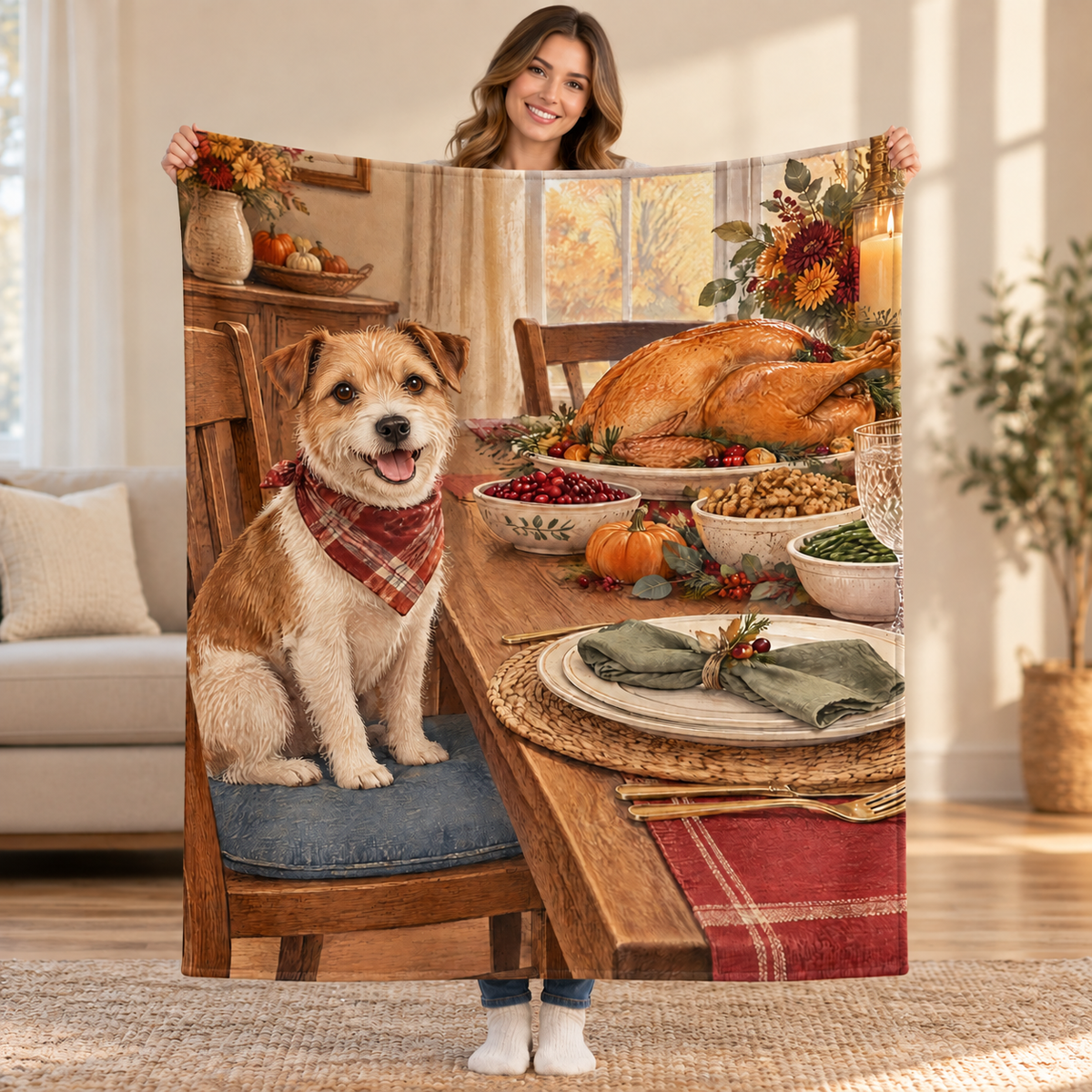 Terrier on the Chair blanket, held open