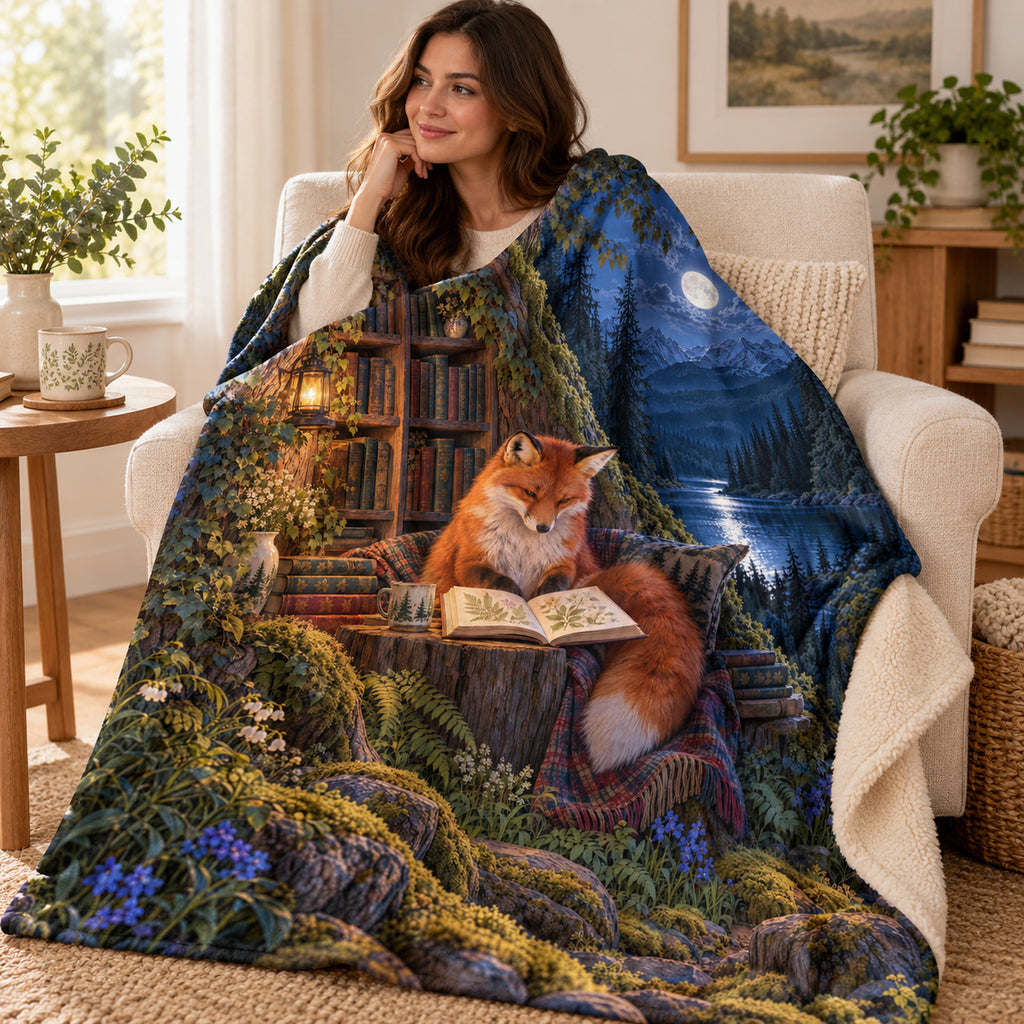 Moonlit Fox Scholar blanket, wrapped around a reader