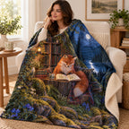 Moonlit Fox Scholar blanket, wrapped around a reader