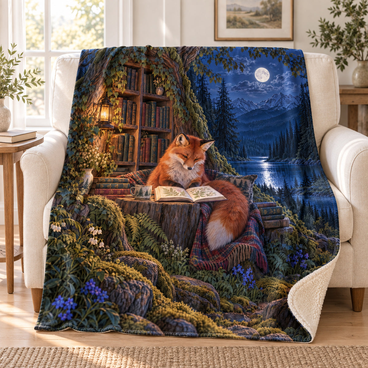 Moonlit Fox Scholar blanket, on a sofa