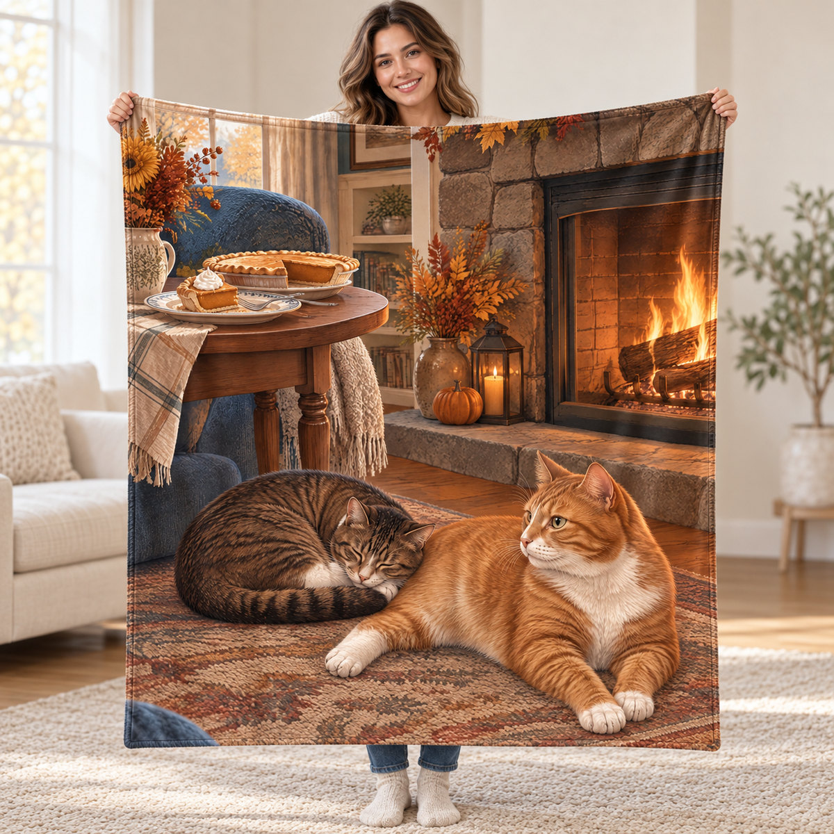 Cats by the Hearth blanket, held open
