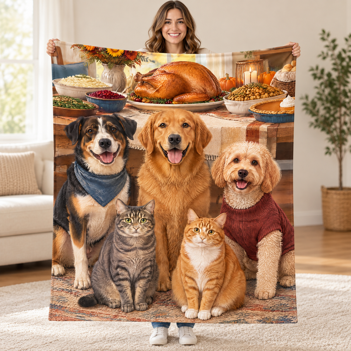 Pets Before the Buffet blanket, held open