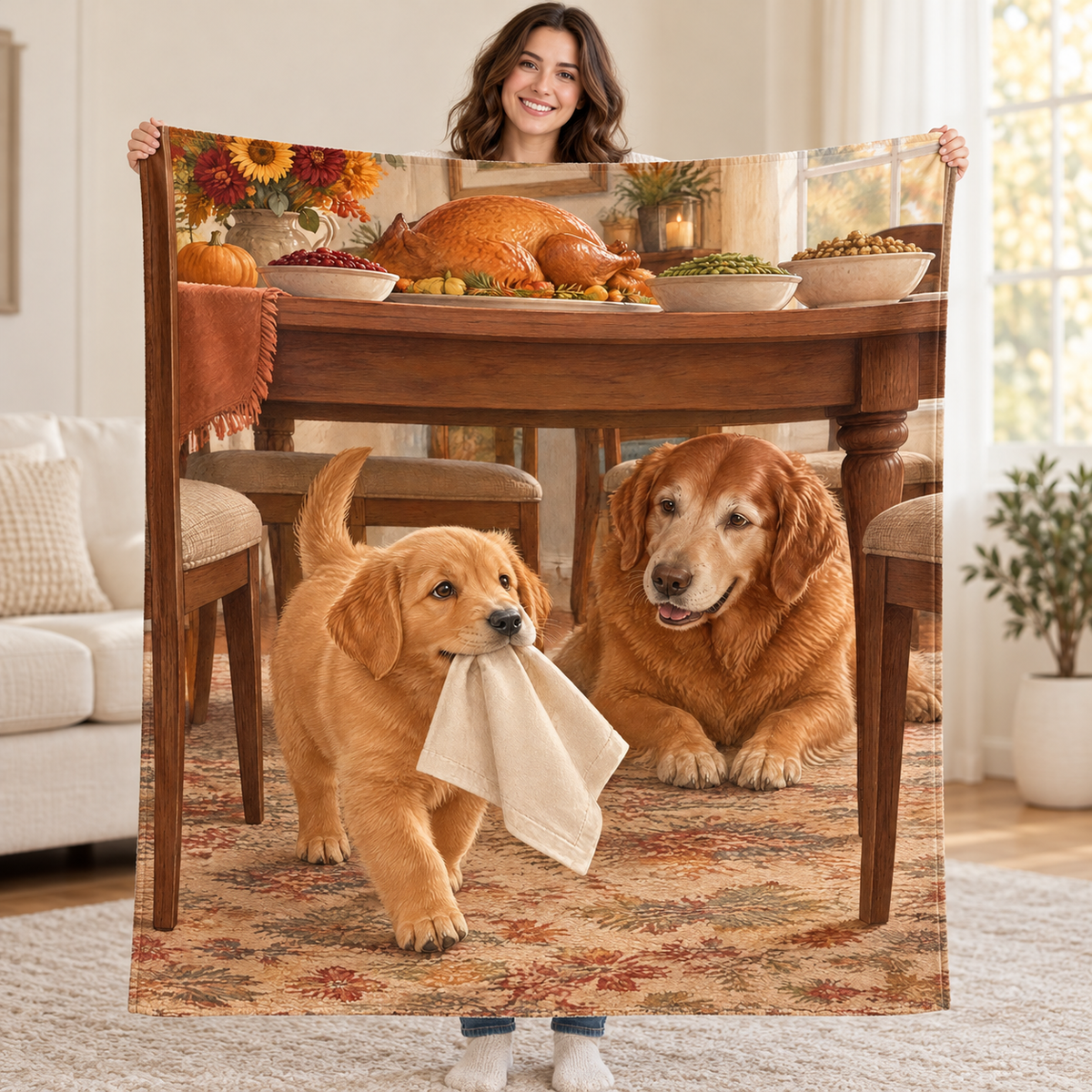 Puppy with a Napkin blanket, held open