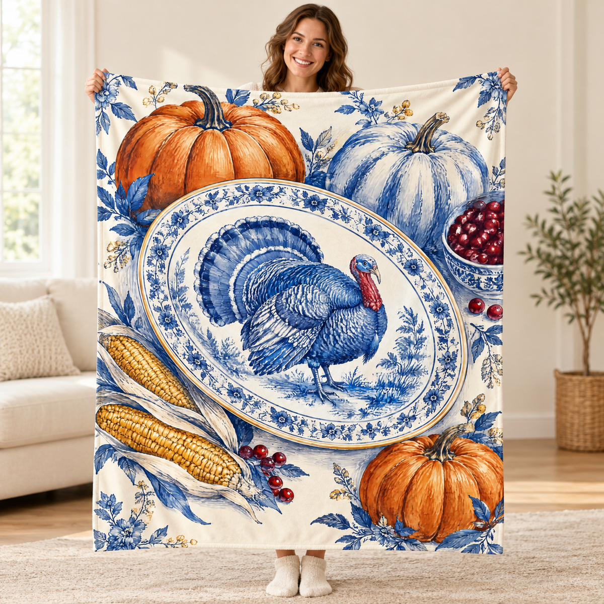 Painted Turkey Platter blanket, held open
