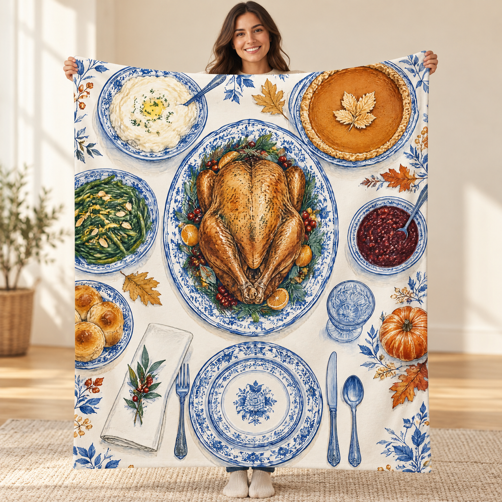 Blue-and-White Setting blanket, held open