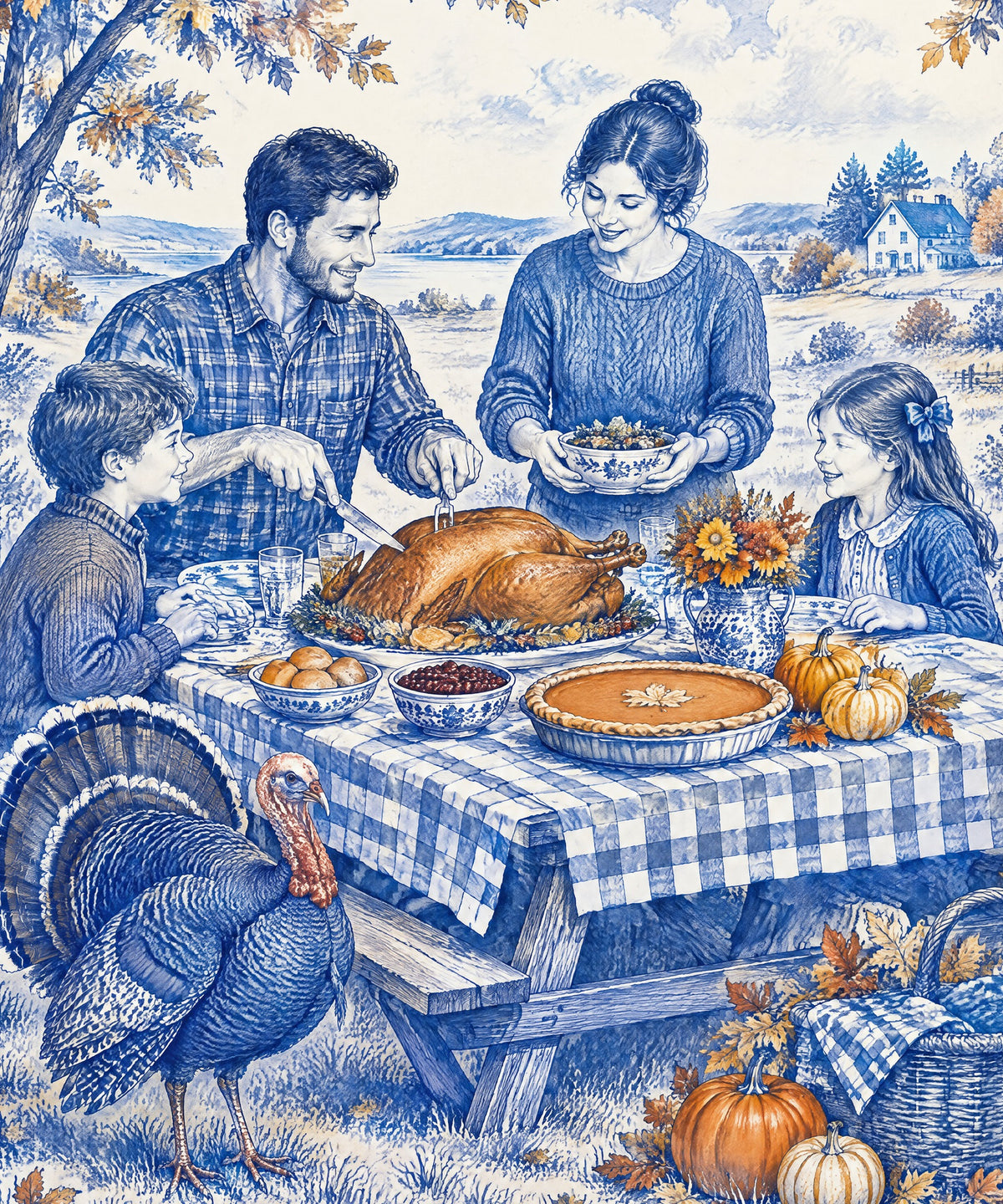 Cobalt Toile Picnic blanket, full design