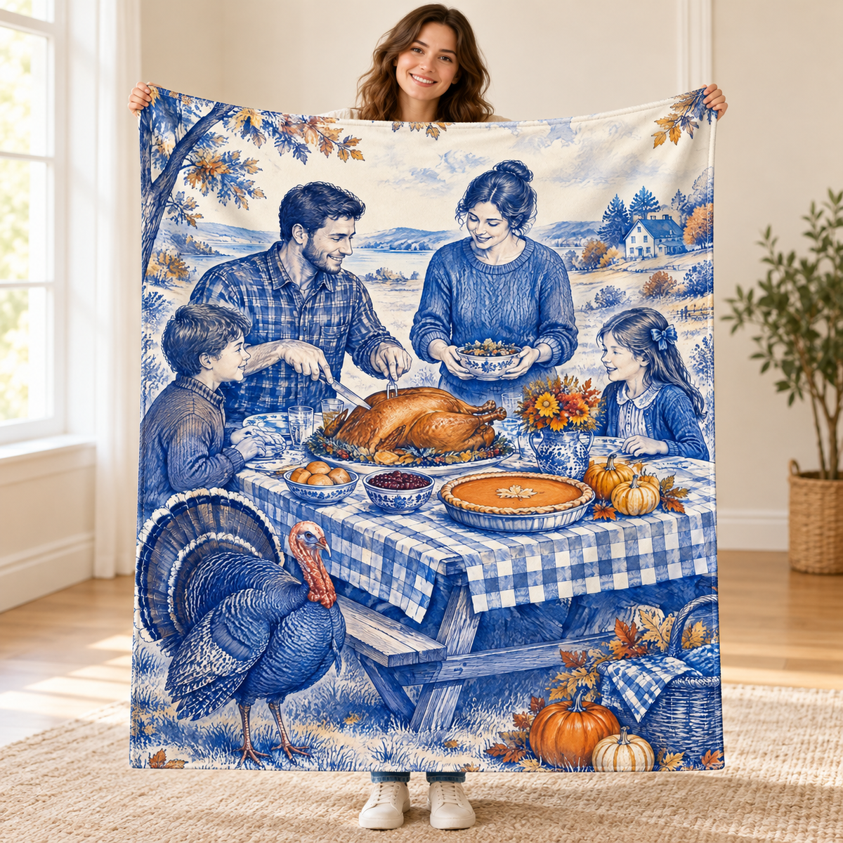 Cobalt Toile Picnic blanket, held open