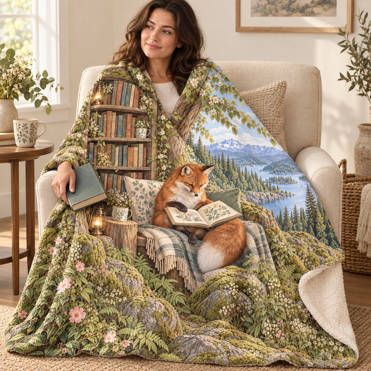 Wildflower Reading Break blanket, wrapped around a reader
