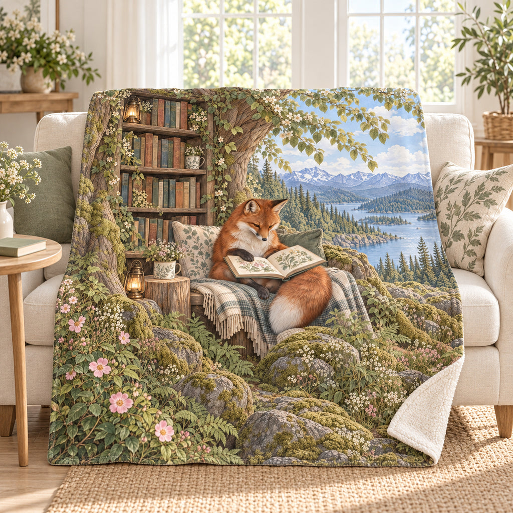 Wildflower Reading Break blanket, on a sofa