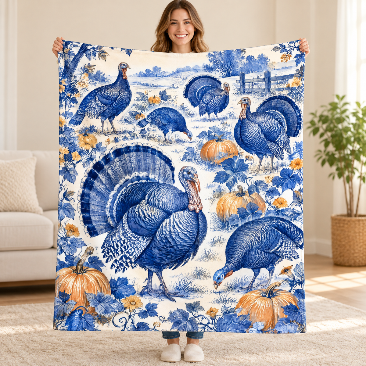 Cobalt Turkey Flock blanket, held open