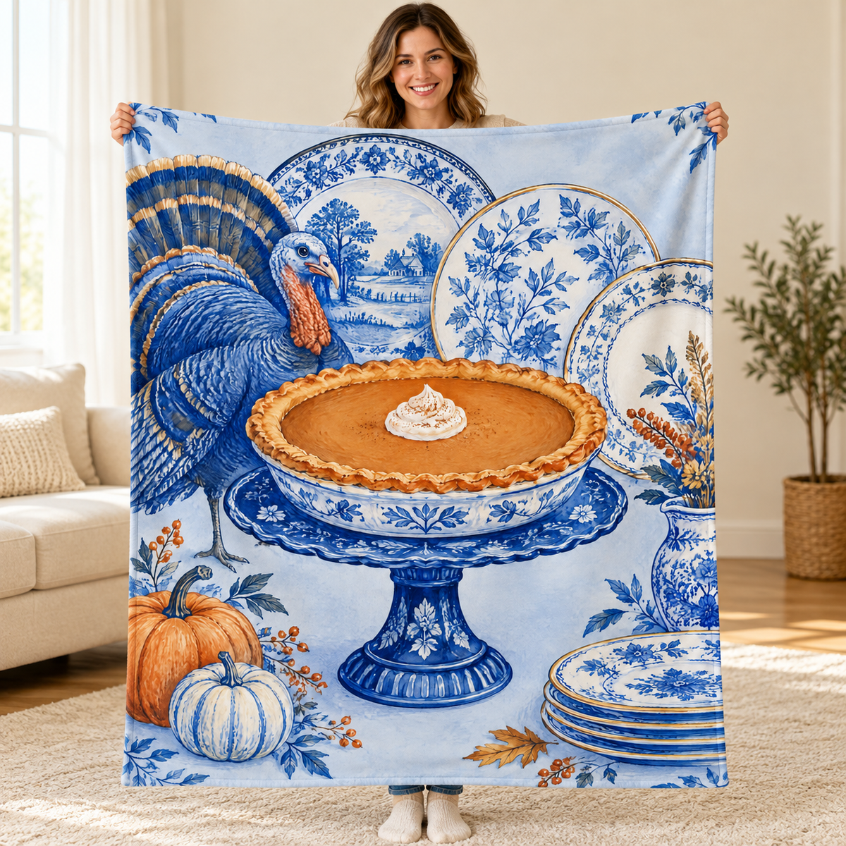 Pie on a Cobalt Stand blanket, held open