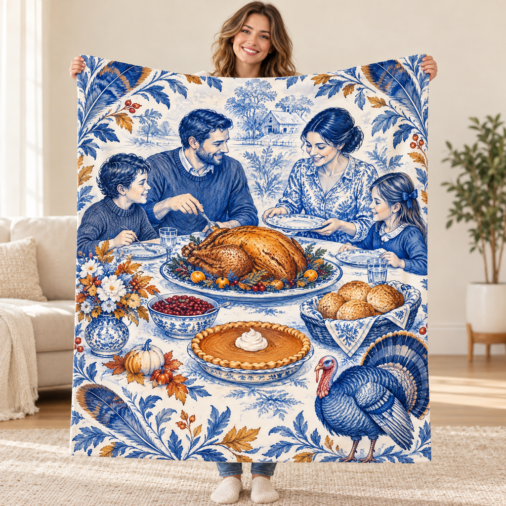 Oval Feast in Blue blanket, held open