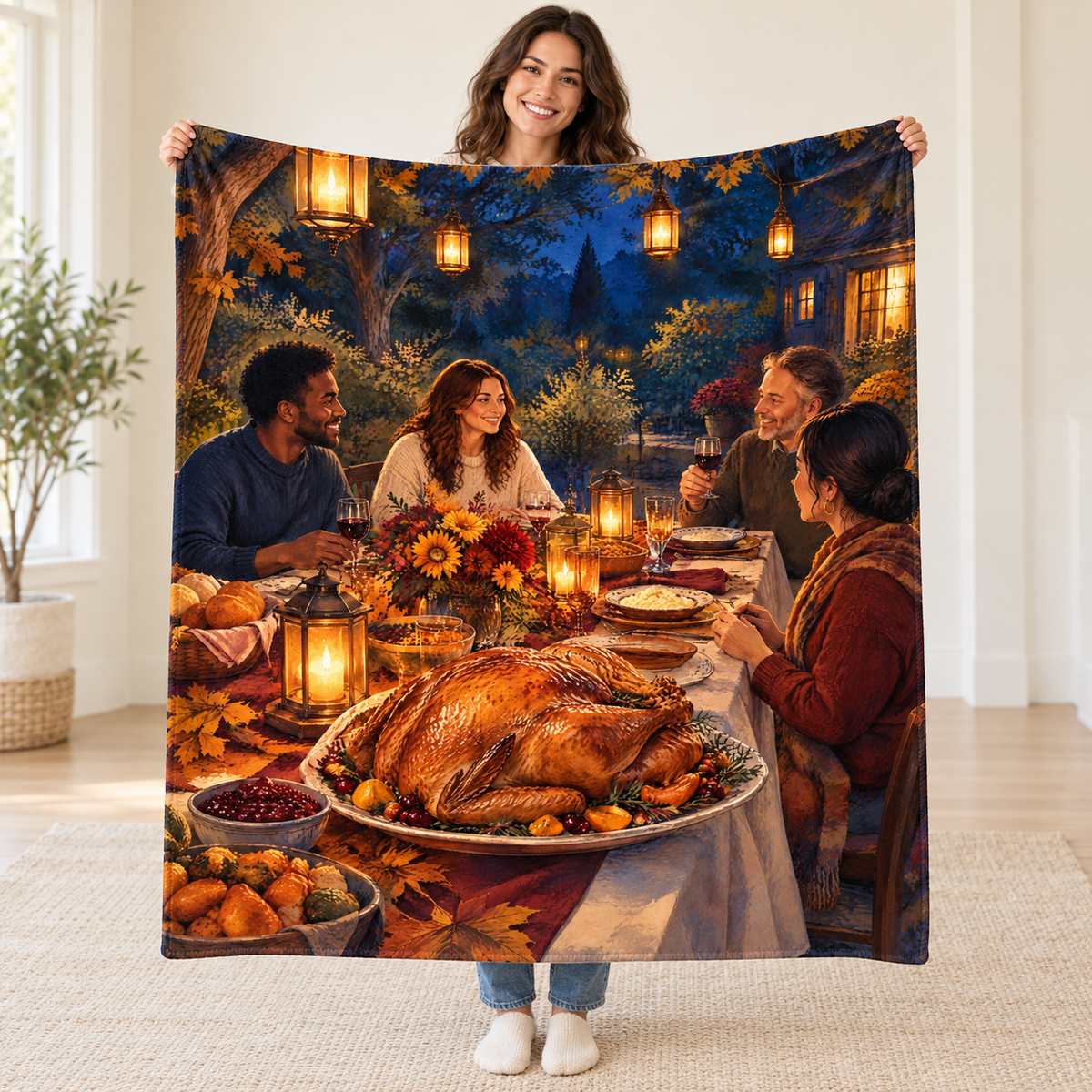 Lantern Garden Dinner blanket, held open