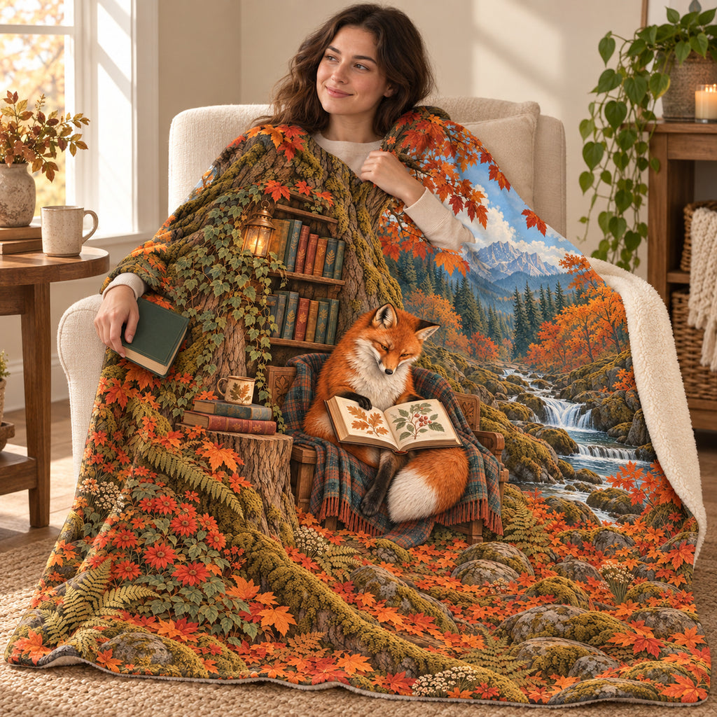 Autumn Pages blanket, wrapped around a reader