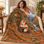 Autumn Pages blanket, wrapped around a reader