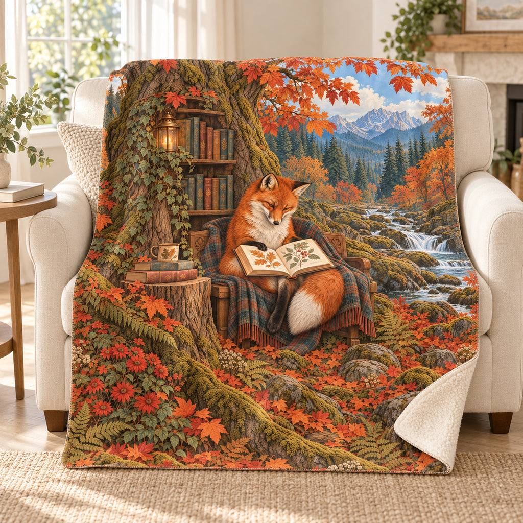 Autumn Pages blanket, on a sofa