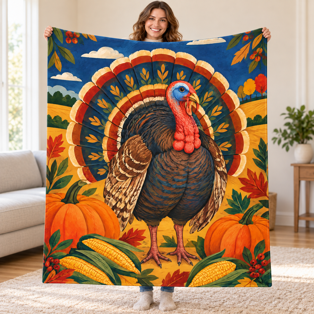 Monumental Folk Turkey blanket, held open