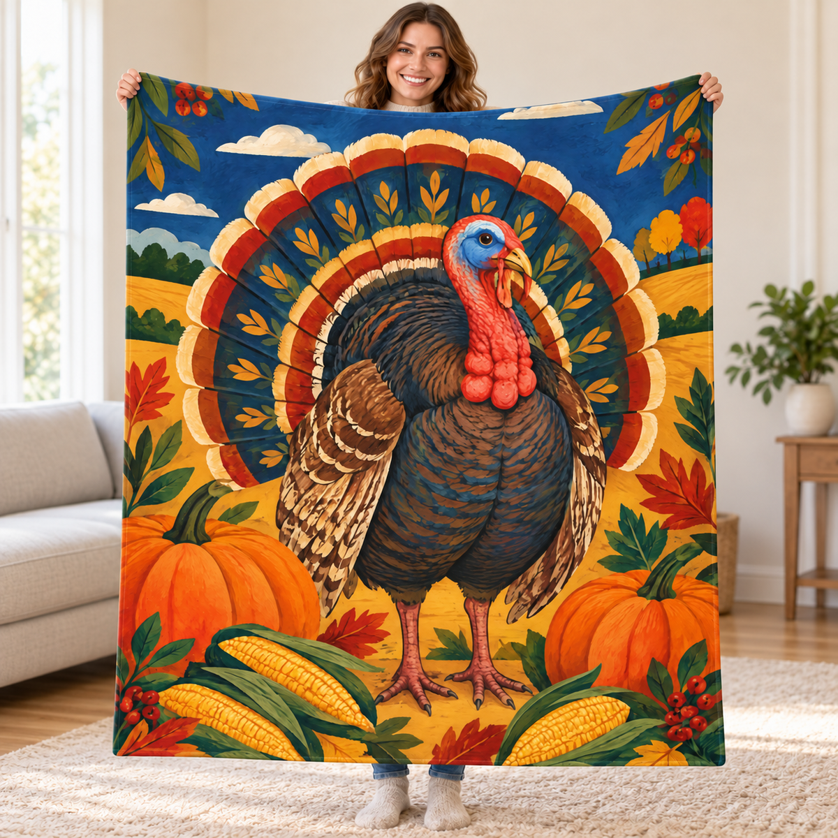 Monumental Folk Turkey blanket, held open