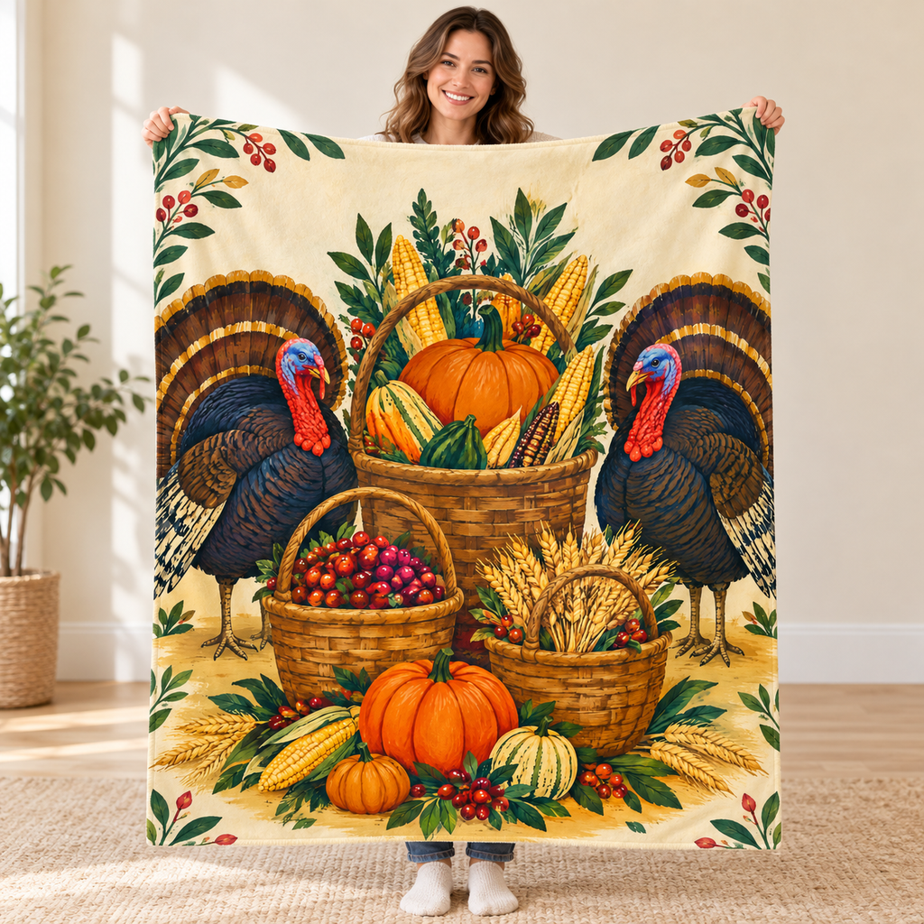Three Harvest Baskets blanket, held open