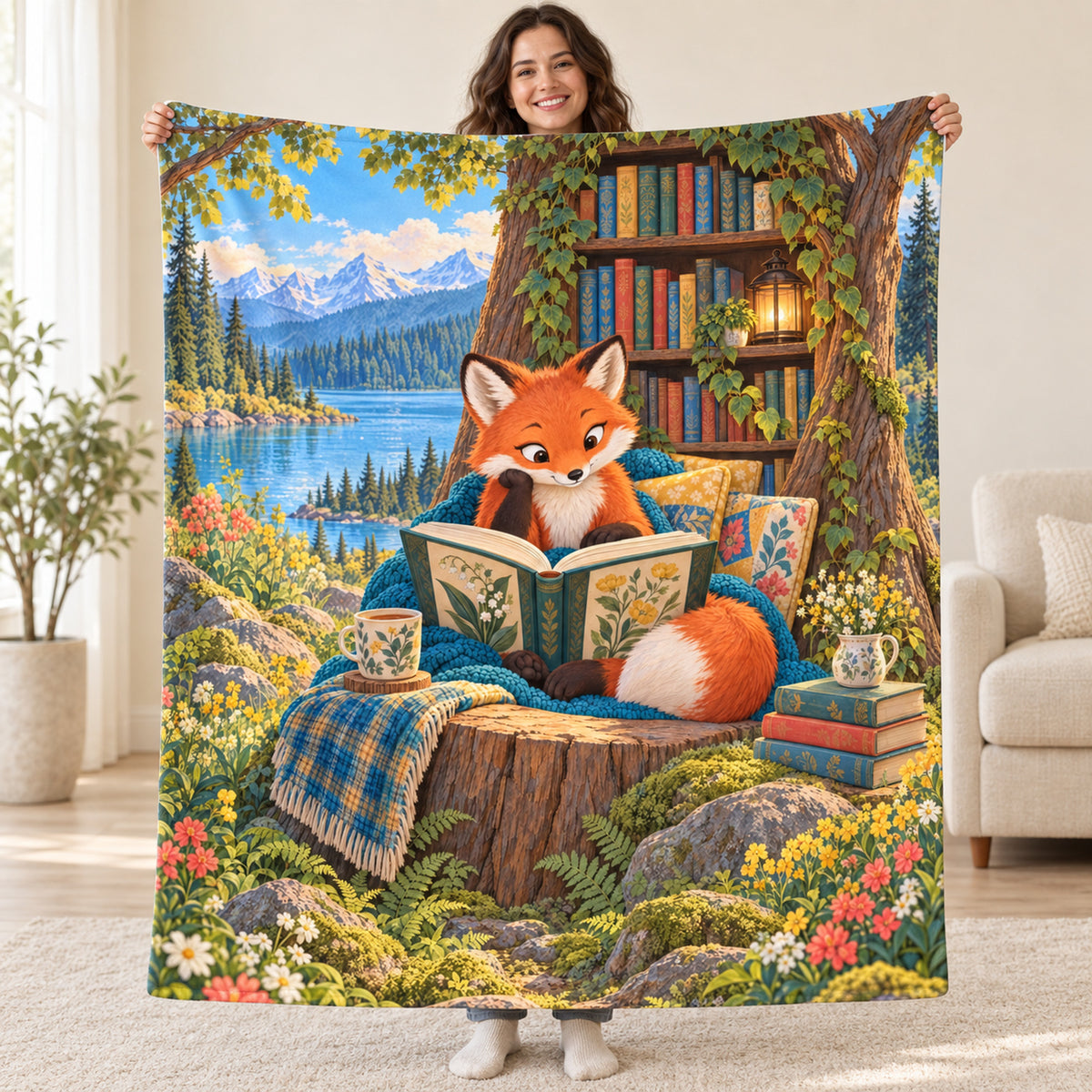The Reading Fox blanket, held open