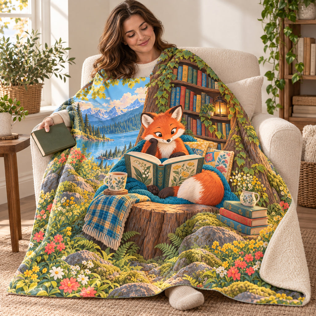 The Reading Fox blanket, wrapped around a reader
