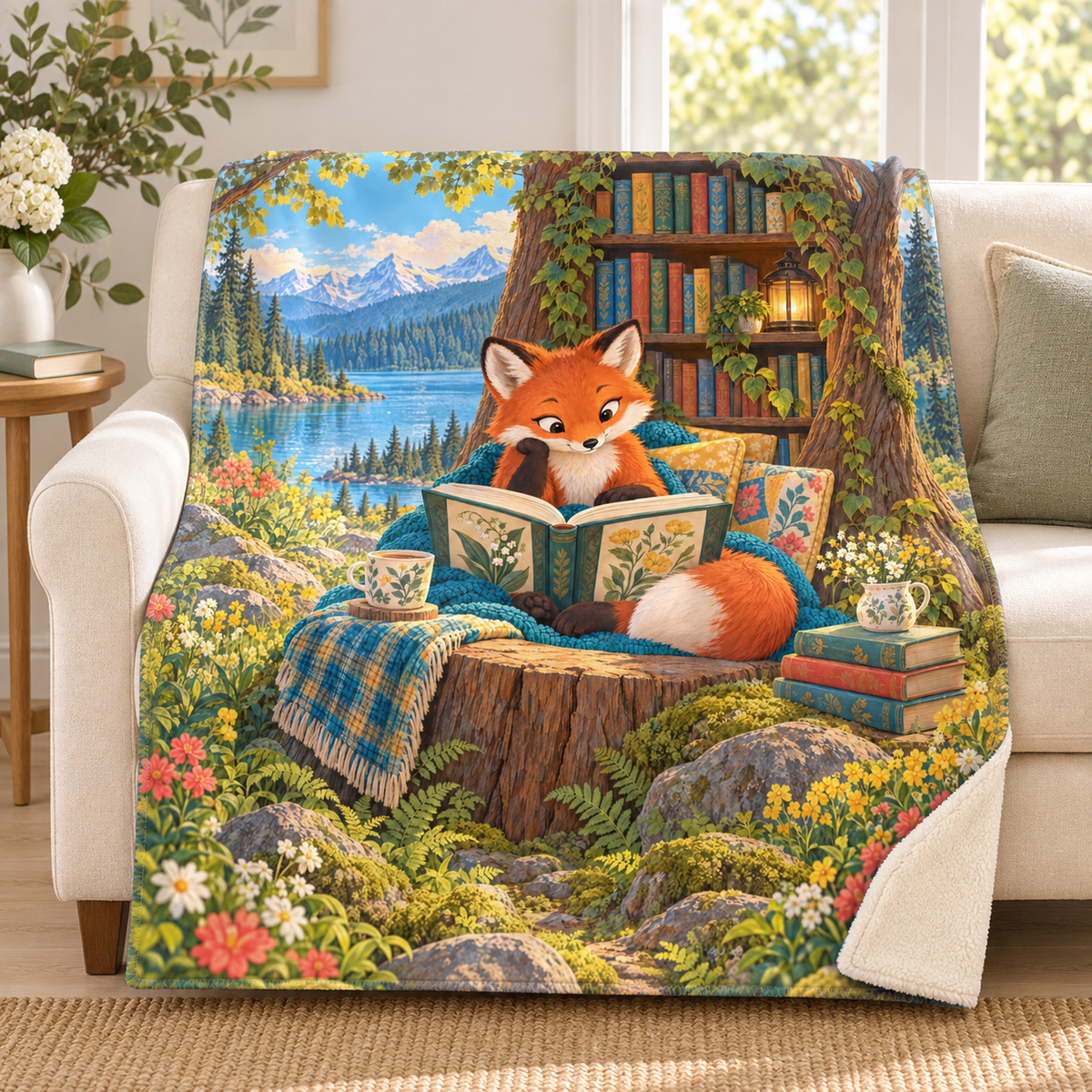 The Reading Fox blanket, on a sofa