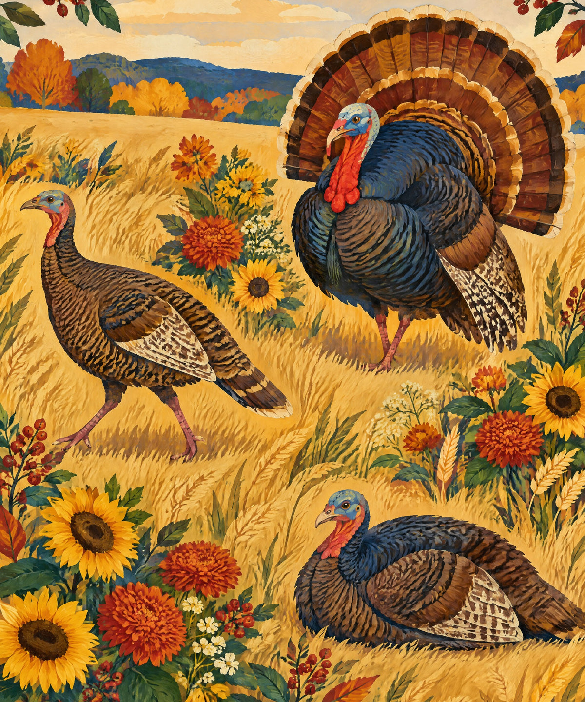 Three Turkeys in the Meadow blanket, full design