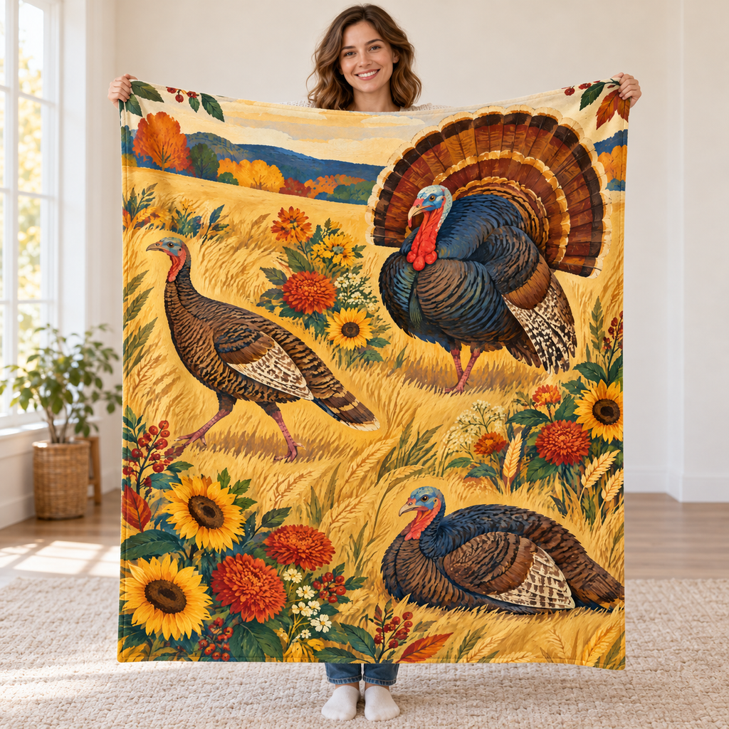 Three Turkeys in the Meadow blanket, held open