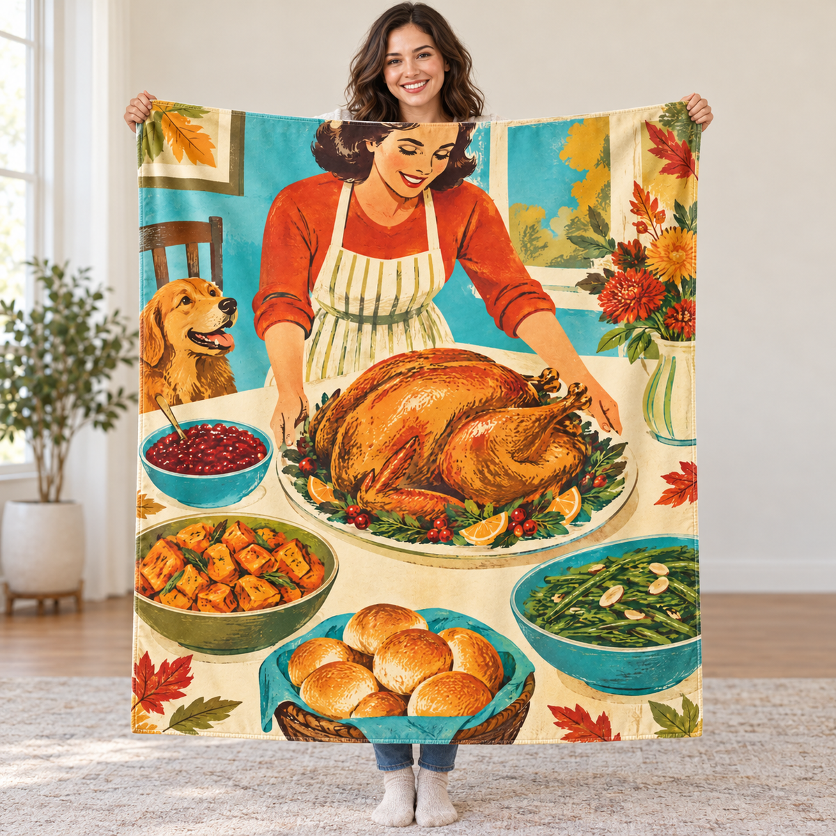 Orbiting Side Dishes blanket, held open