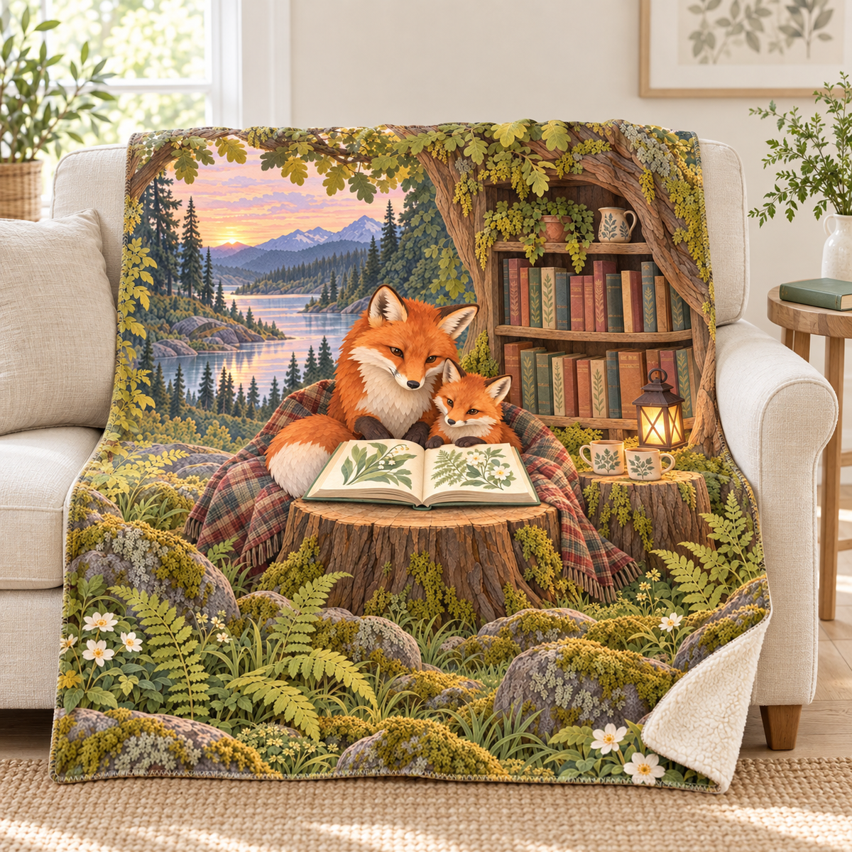 Little Fox Storytime blanket, on a sofa