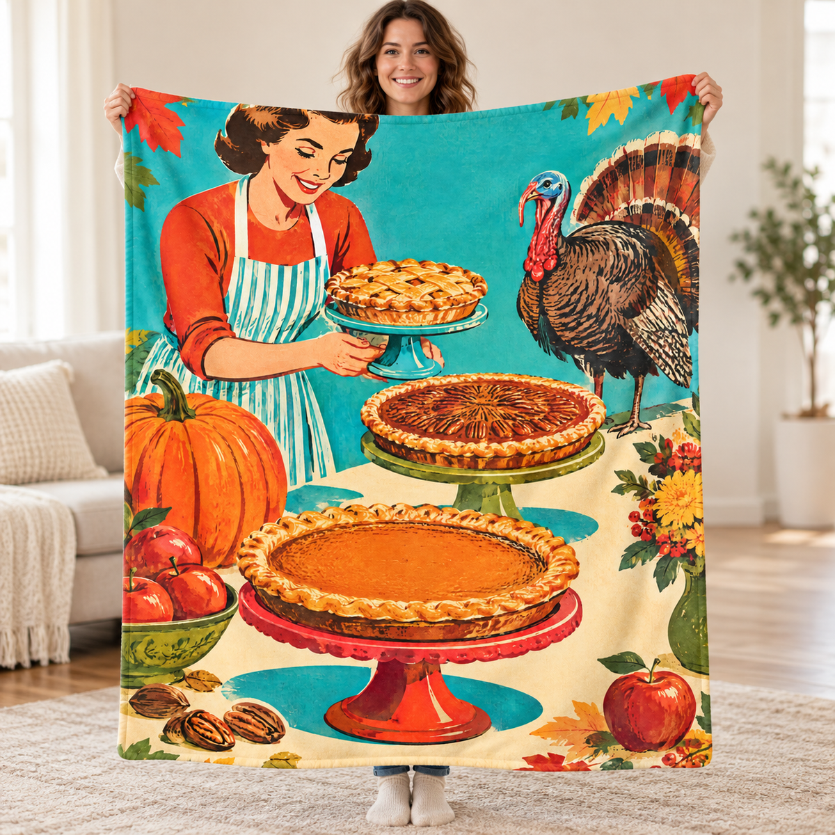 Pies on Three Stands blanket, held open